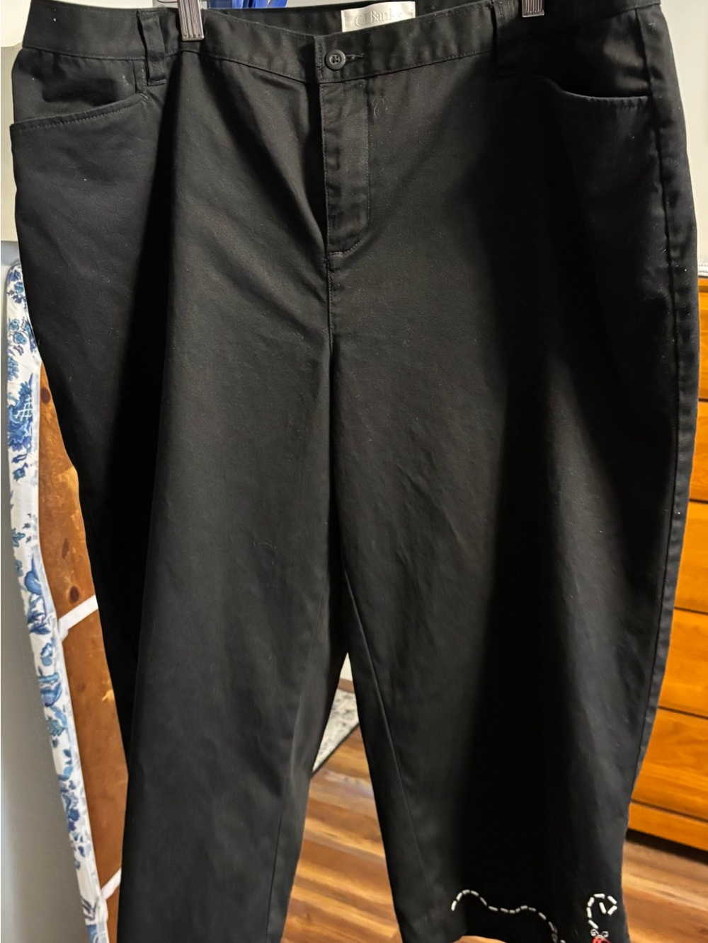 CJ Banks Black Capri Pants with Embroidered Hem